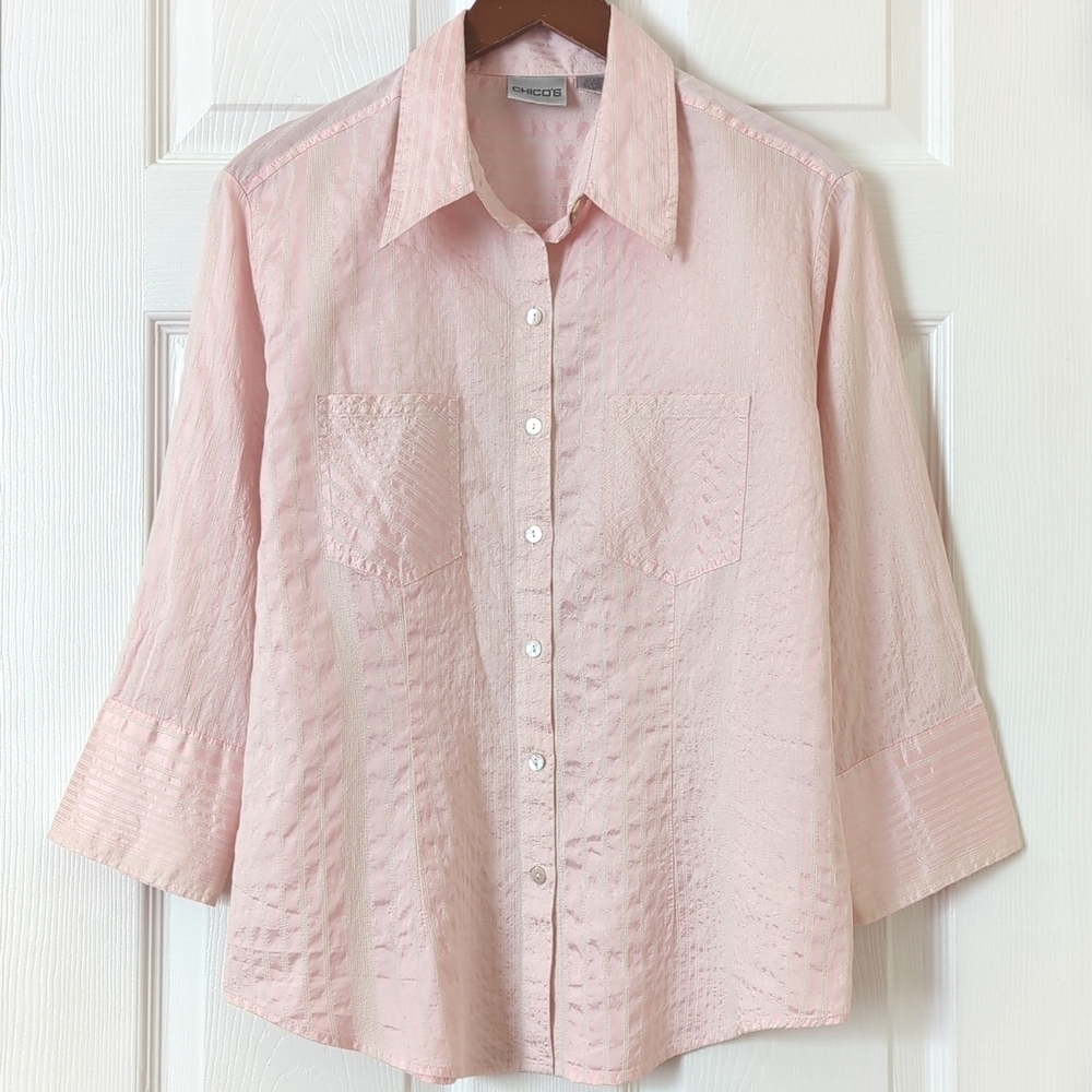 Chico's 90's Vintage Striped Silk Blend Quarter Sleeve Button Down Shirt Pink 1